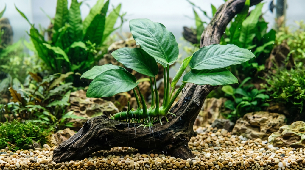 Anubia fixé sur une racine de bois flotté dans un aquarium d'eau douce planté, rhizome apparent au-dessus du gravier