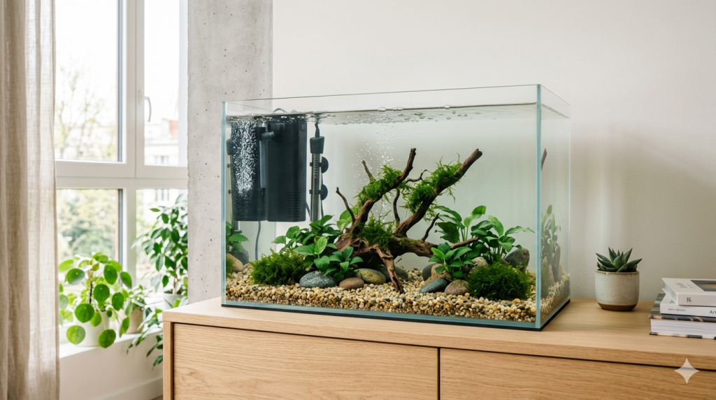 Aquarium d'eau douce en cours de cyclage, planté et équipé, sans poisson