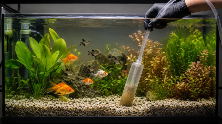 Siphonnage du sol d'un aquarium eau douce avec cloche aspirante, poissons et plantes visibles en arrière-plan.
