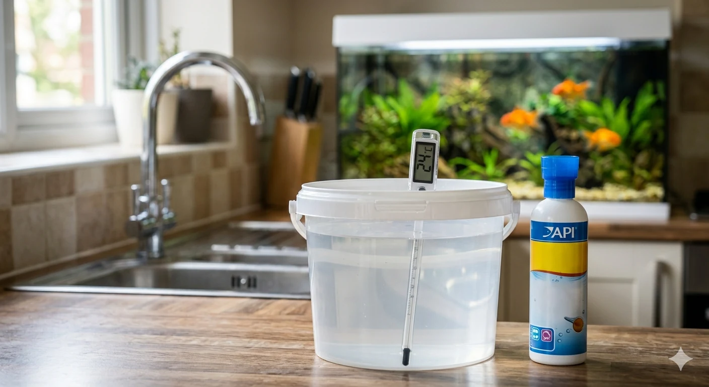 Préparation de l'eau de remplacement : seau, conditionneur et thermomètre pour vérifier la température.
