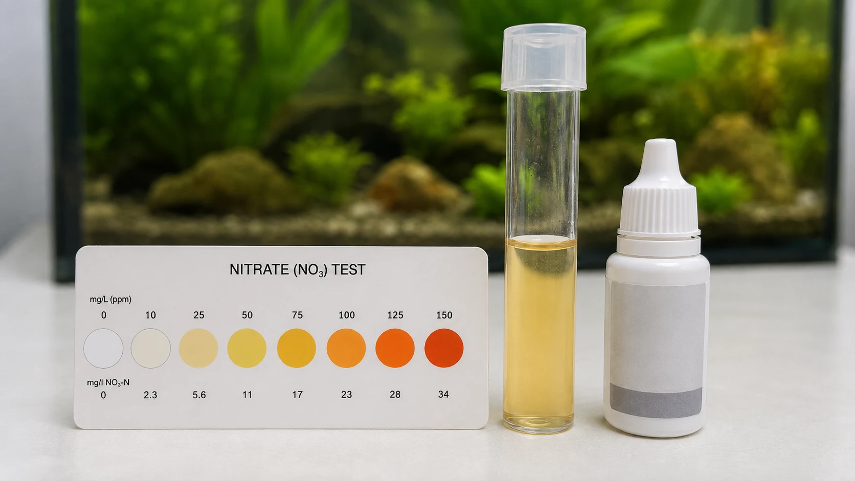 Test en gouttes pour mesurer les nitrates : tube à essai avec eau et échelle de couleur de référence.