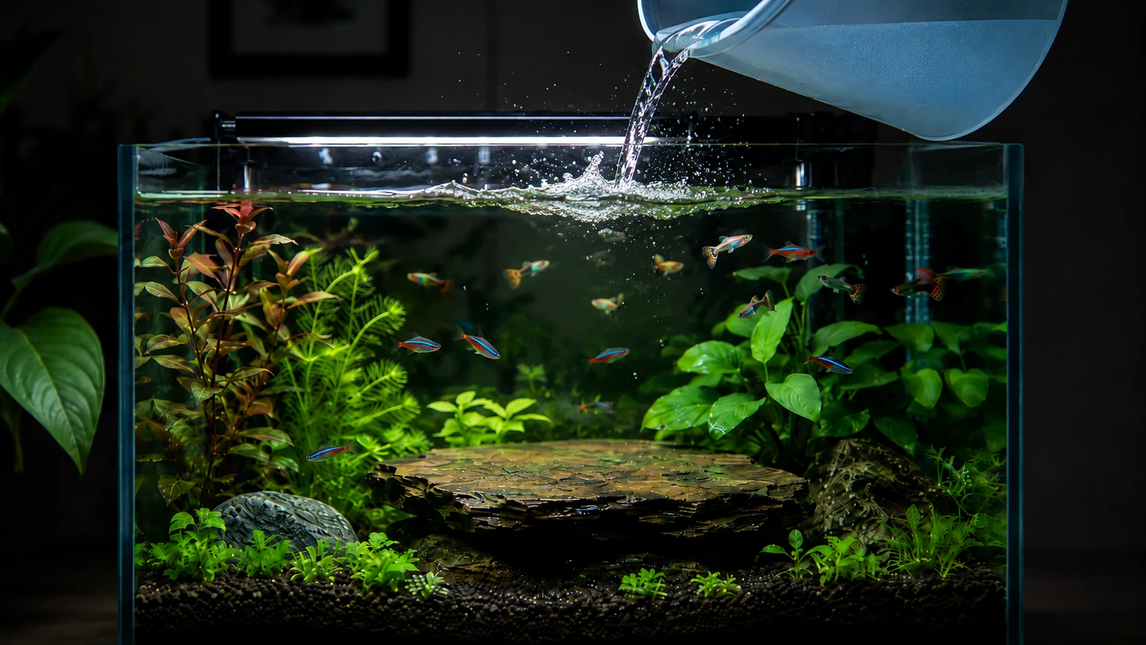 Versement progressif de l'eau sur une roche pour éviter de perturber le sol et les poissons.