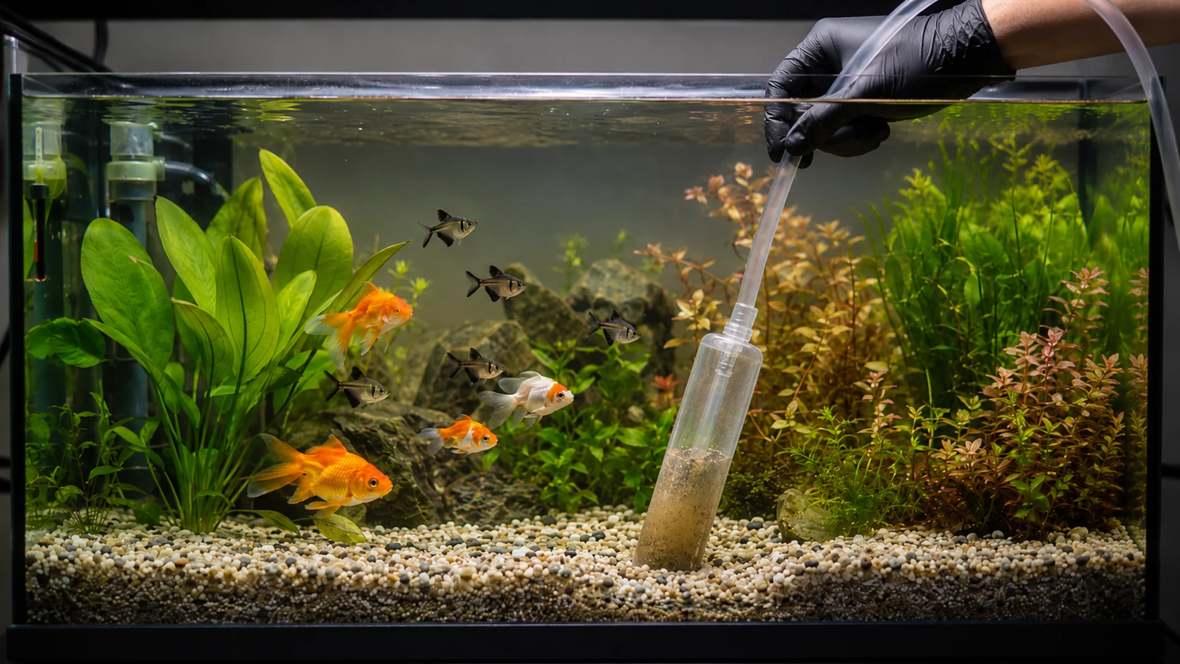 Siphonnage du sol d'un aquarium eau douce avec cloche aspirante, poissons et plantes visibles en arrière-plan.