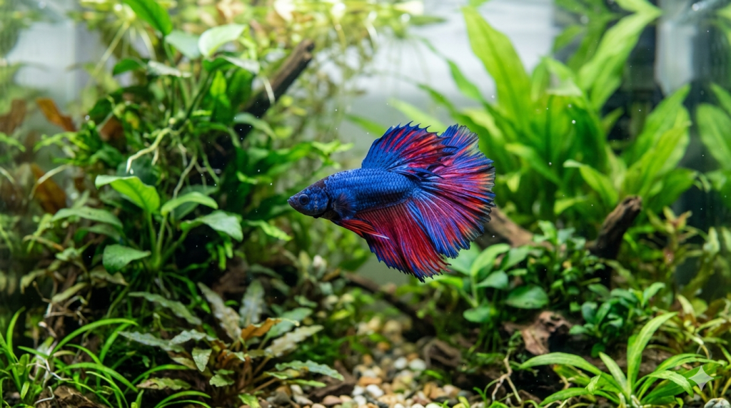 Combattant Betta splendens mâle aux nageoires colorées dans un aquarium planté
