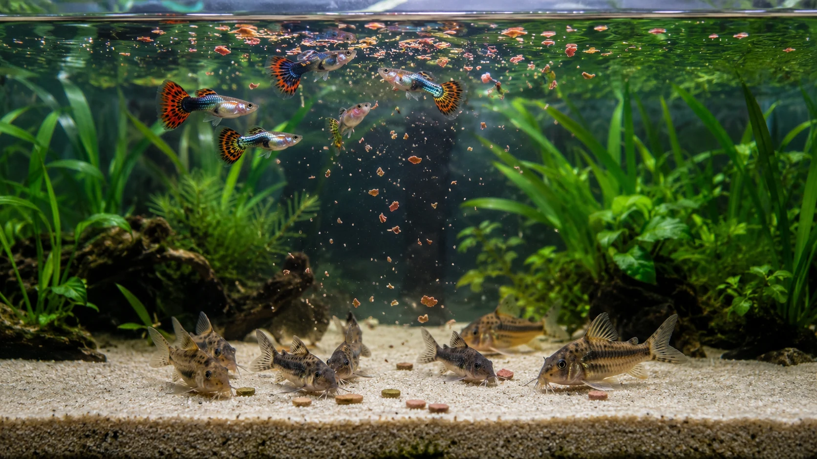 Guppys en surface mangeant des paillettes et corydoras au fond se nourrissant de pastilles adaptées, deux zones alimentaires distinctes.