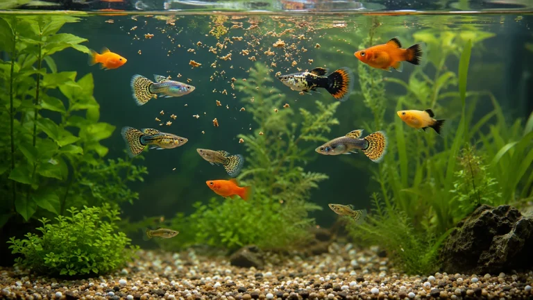 Aquarium d'eau douce avec guppys et platys se nourrissant de paillettes en surface, eau cristalline et plantes vertes.