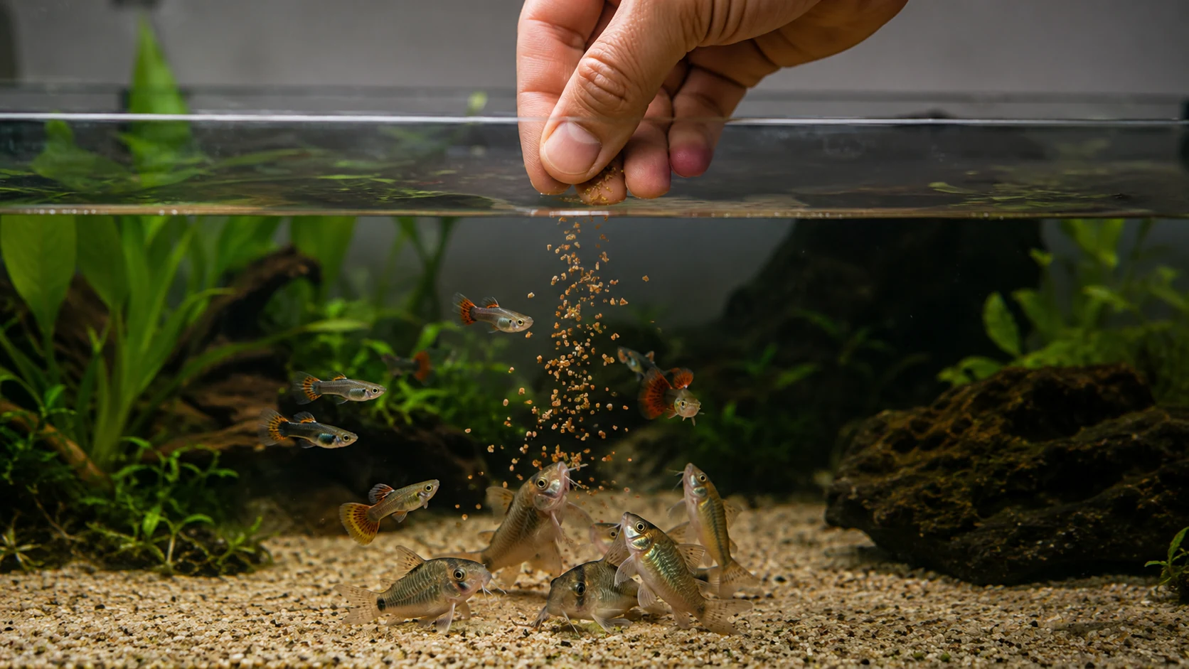 Main versant une pincée de paillettes dans l'aquarium, poissons corydoras et guppys en attente, substrat visible.