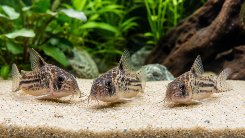 Trois corydoras sur un sol de sable fin dans un aquarium d'eau douce planté