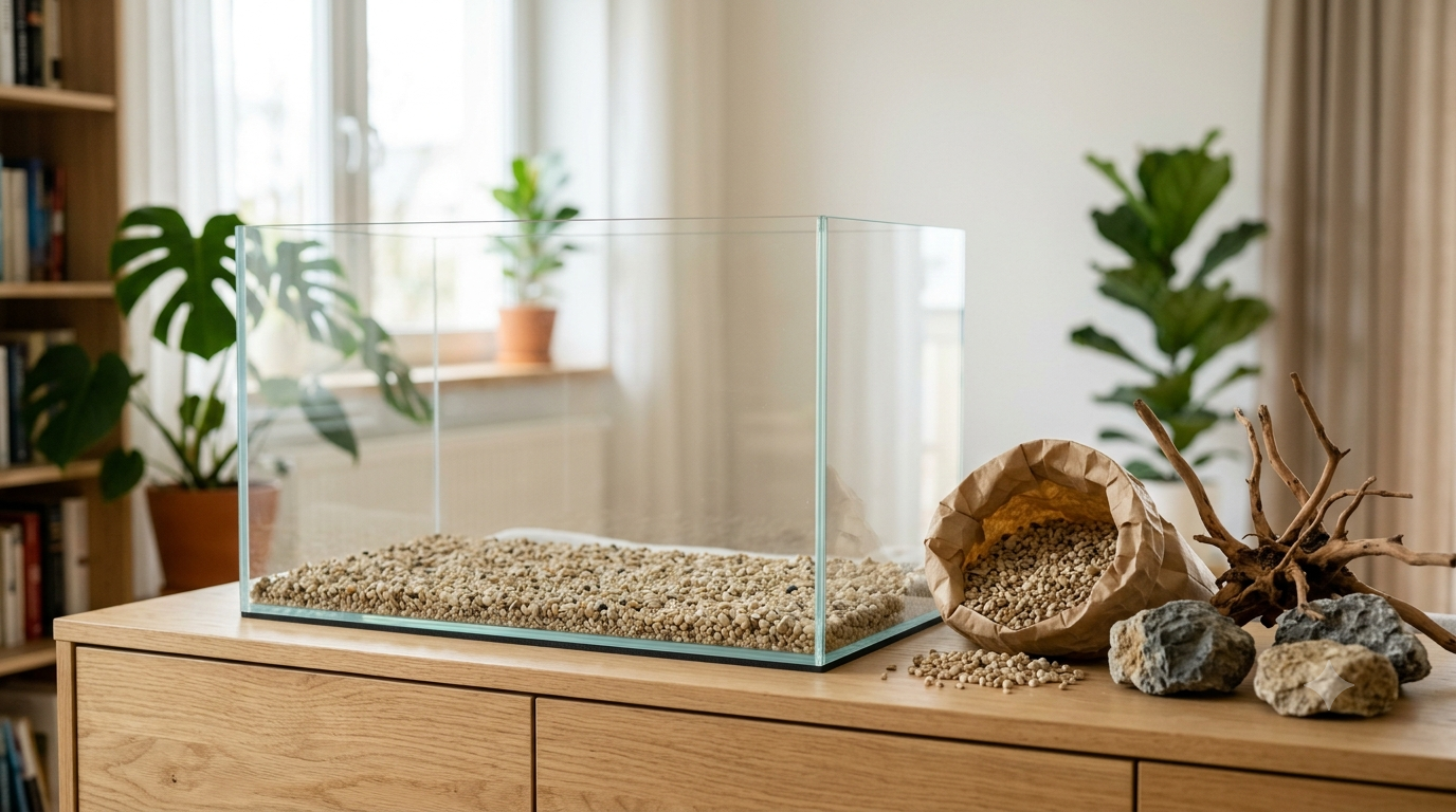 Aquarium en cours d'installation avec gravier, racine et pierres avant la mise en eau