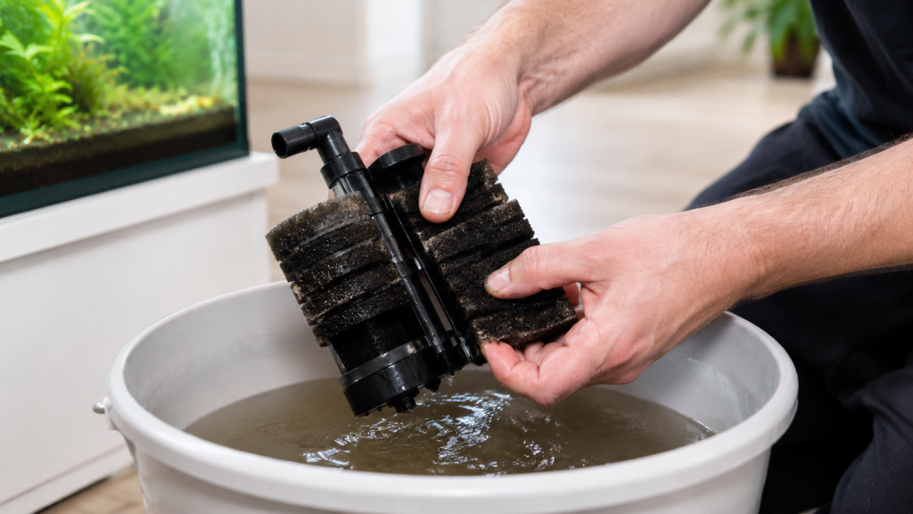 Mains nettoyant les mousses d'un filtre d'aquarium dans un seau d'eau prélevée du bac