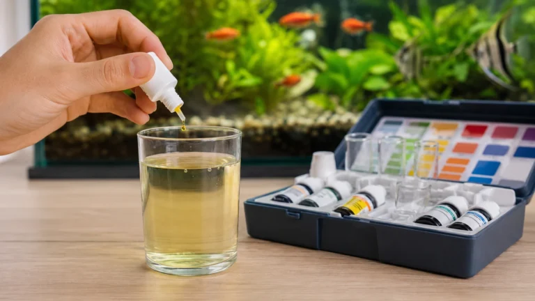 Main effectuant un test en gouttes sur un échantillon d'eau d'aquarium avec kit de test colorimétrique.