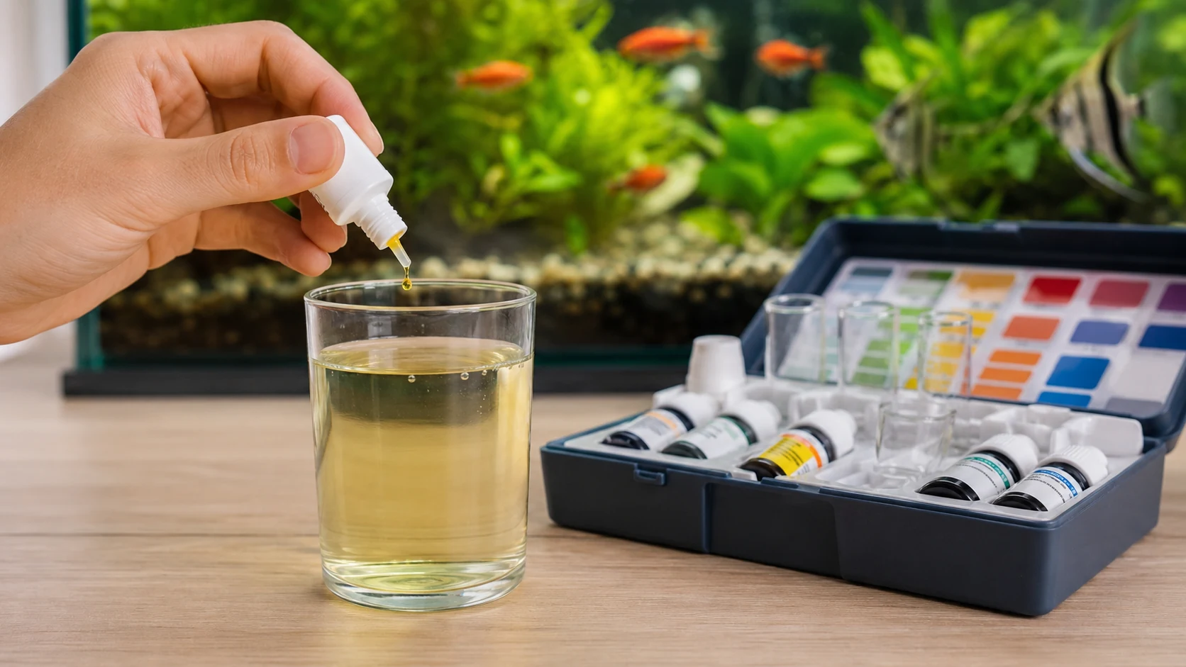 Main effectuant un test en gouttes sur un échantillon d'eau d'aquarium avec kit de test colorimétrique.