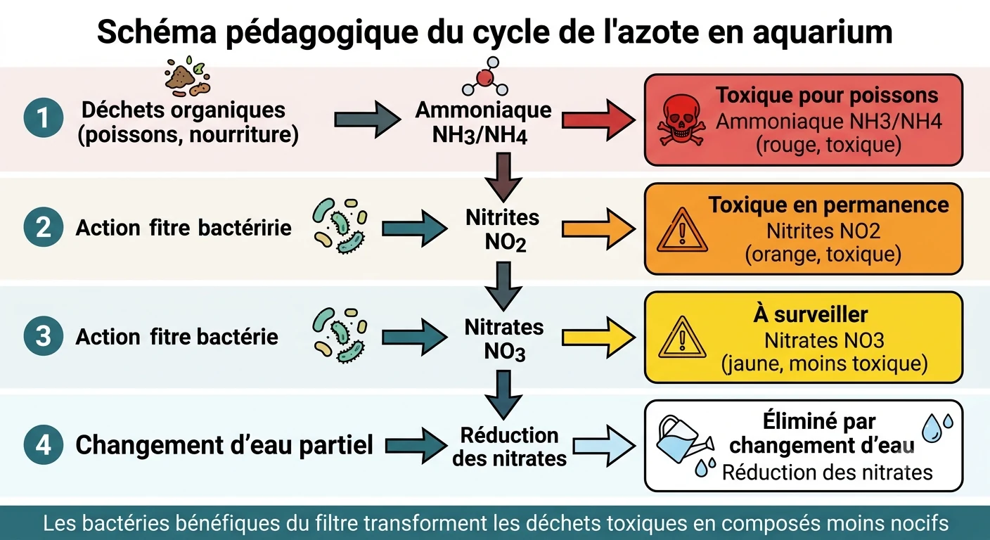 Schéma du cycle de l'azote en aquarium : ammoniaque, nitrites, nitrates et leur toxicité.