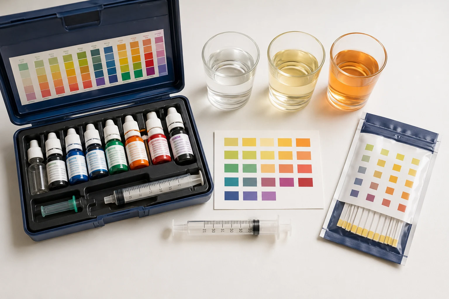 Matériel de test d'aquarium : coffret de tests en gouttes avec flacons et échelle de couleur, bandelettes, verres de comparaison.