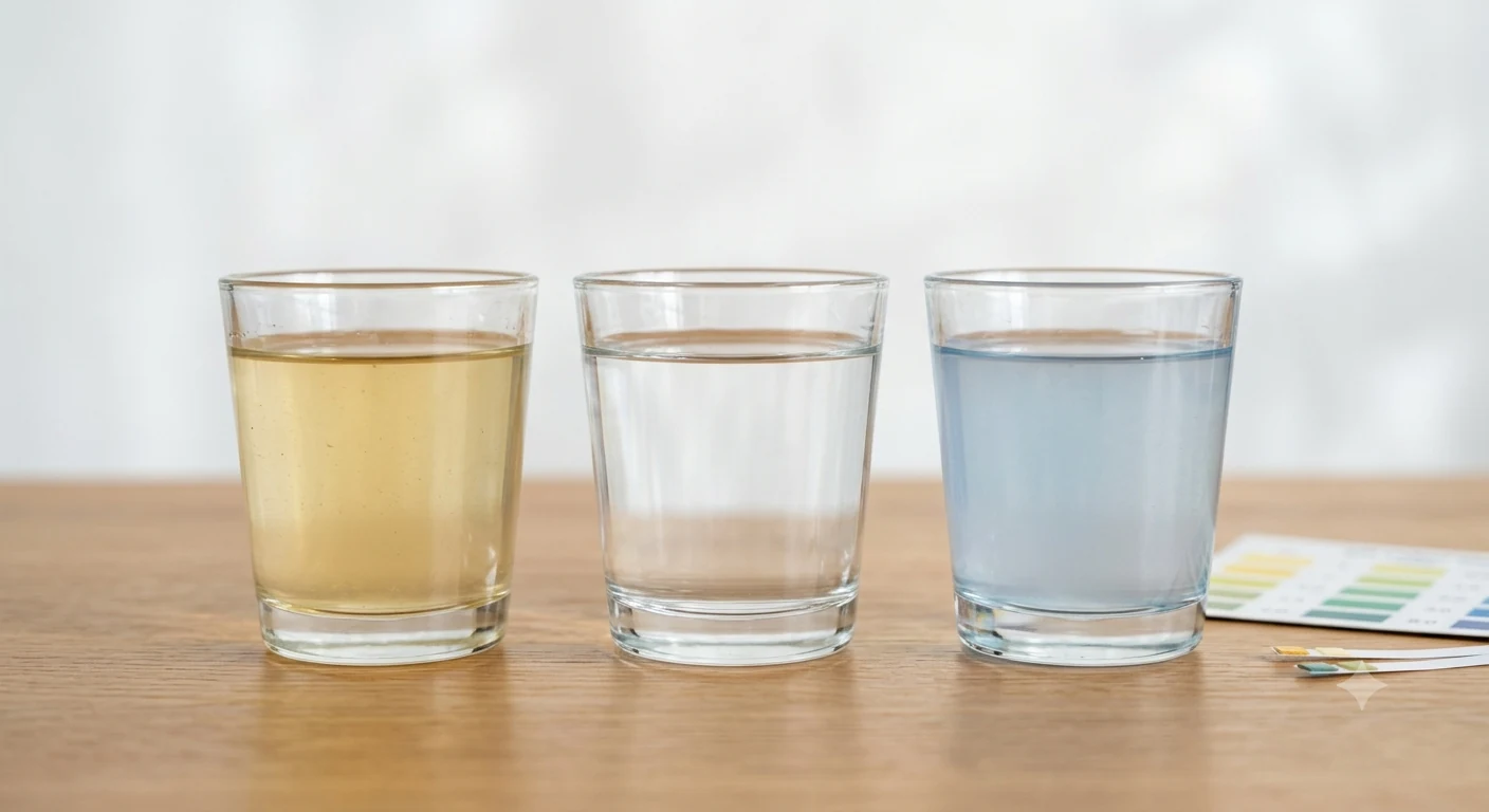 Trois échantillons d'eau montrant visuellement les différences de pH : acide, neutre et basique.