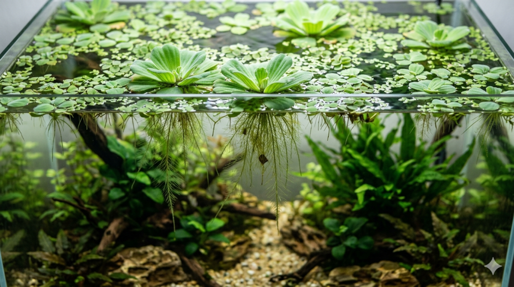 Plantes flottantes à la surface d'un aquarium d'eau douce avec leurs racines pendant dans l'eau