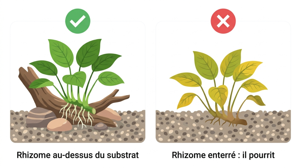 Comparatif du placement du rhizome d'anubia : au-dessus du substrat (correct) versus enterré (à éviter)