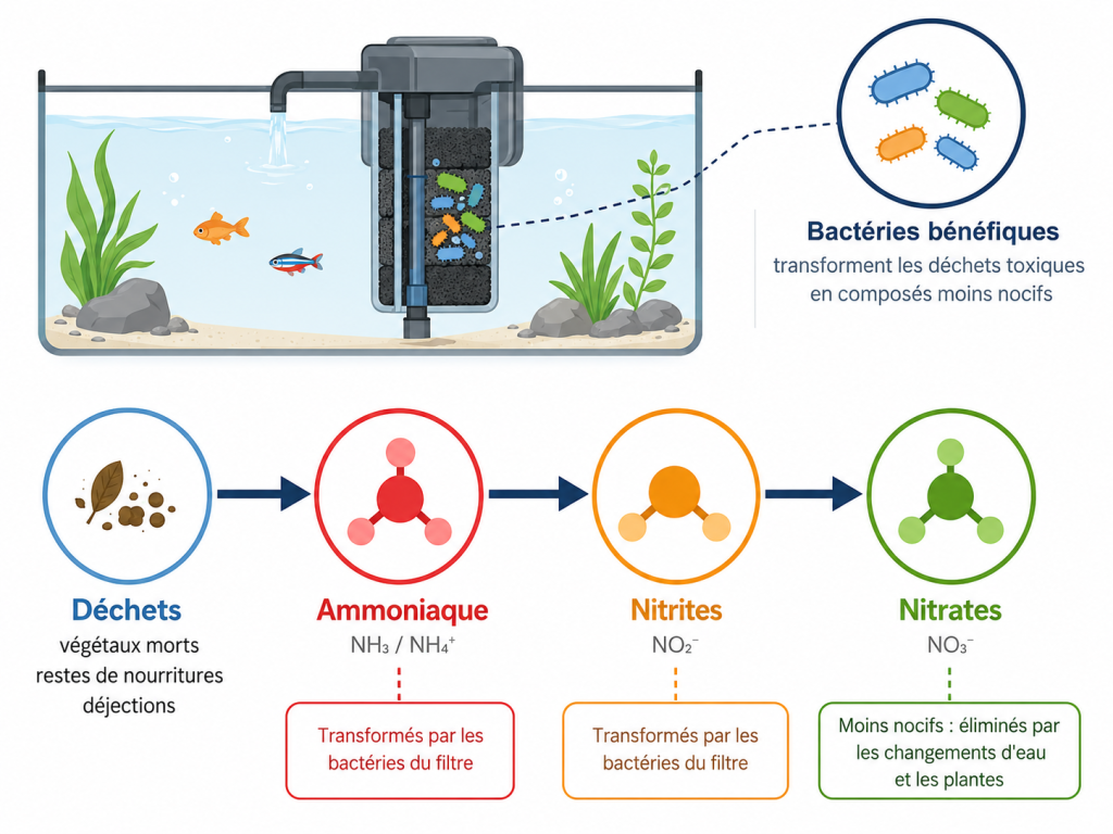 Schéma du cycle de l'azote en aquarium : déchets, ammoniaque, nitrites, nitrates et rôle du filtre
