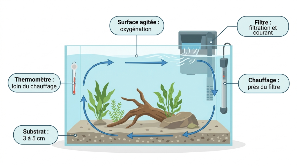 Schéma de placement du matériel dans un aquarium : filtre, chauffage, thermomètre, substrat et circulation de l'eau