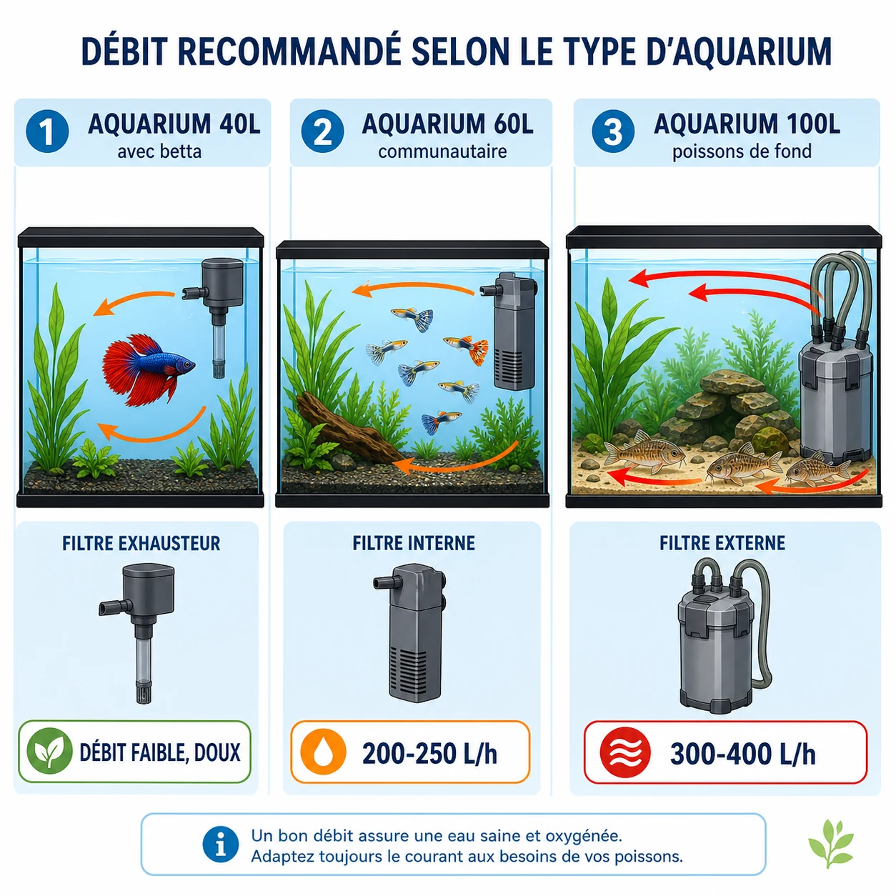 Schéma comparatif des débits de filtre recommandés selon le volume et le type d'aquarium.