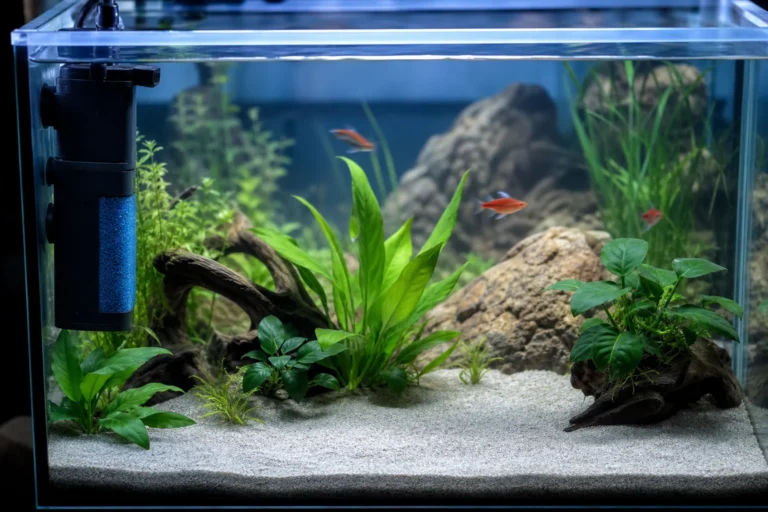 Aquarium d'eau douce équipé d'un filtre interne accroché à la vitre, avec plantes et poissons.