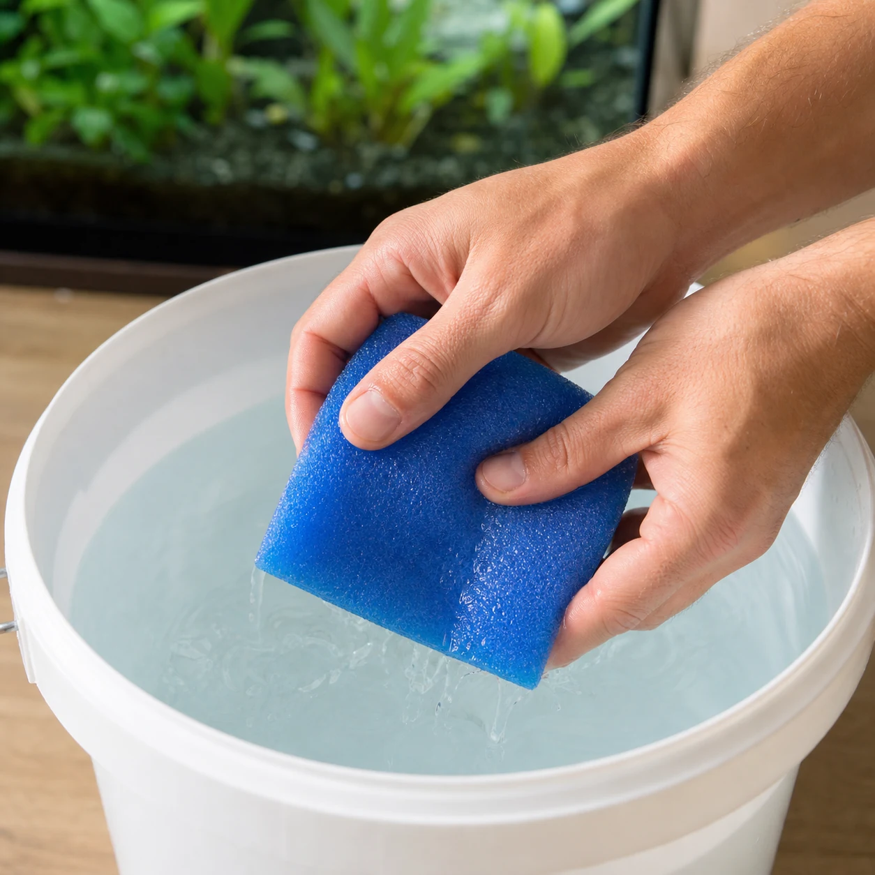 Nettoyage d'une mousse de filtre dans un seau d'eau prélevée de l'aquarium.