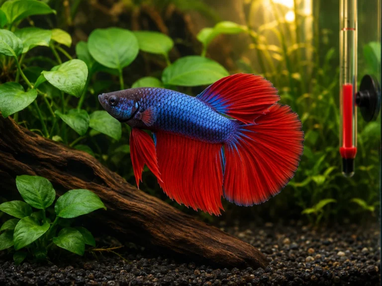 Betta mâle aux nageoires rouges et bleues dans un aquarium aménagé avec plantes naturelles et décor lisse.