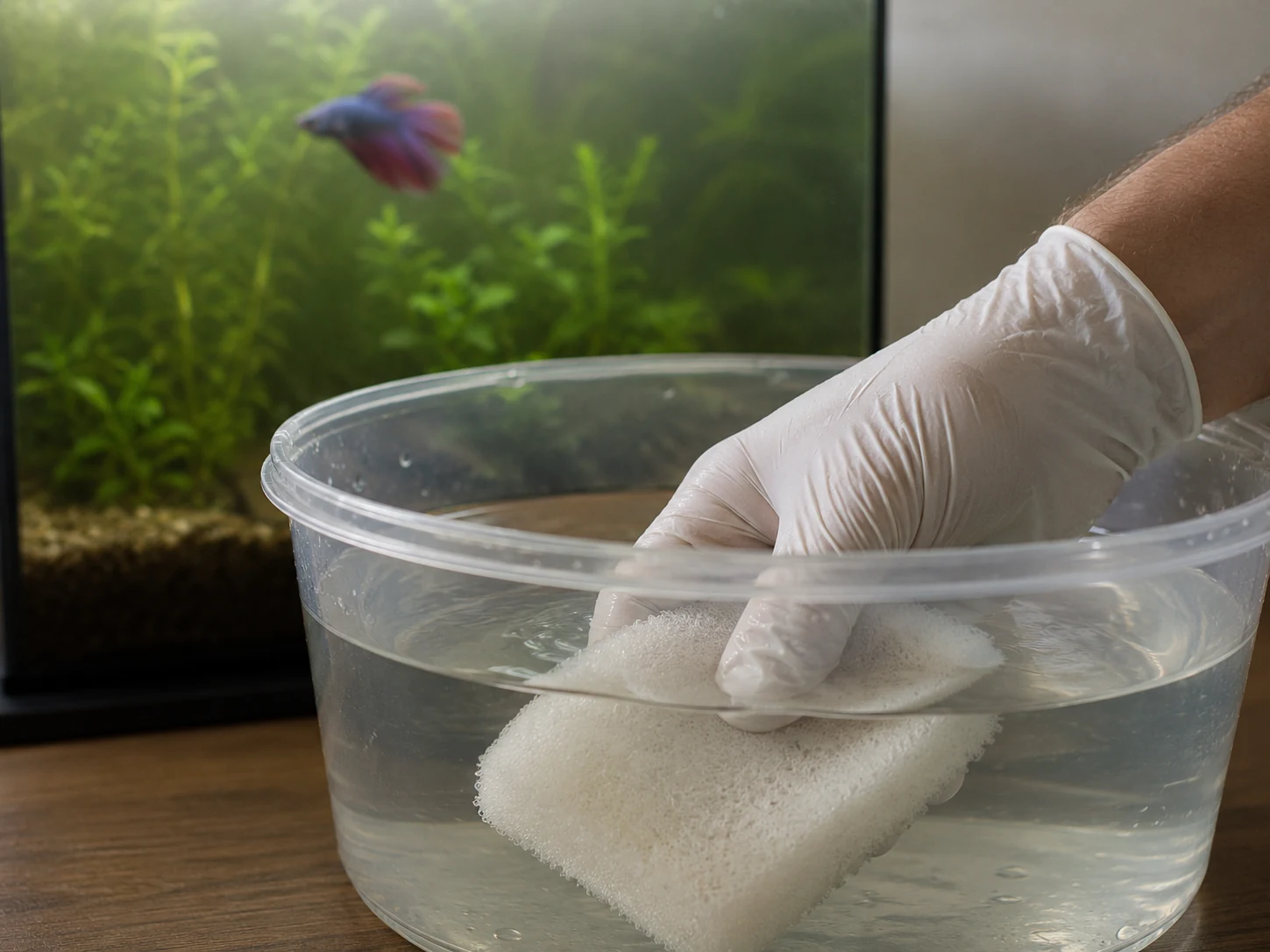 Rinçage d'une mousse filtrante dans un seau d'eau du bac, technique correcte pour préserver les bactéries bénéfiques.
