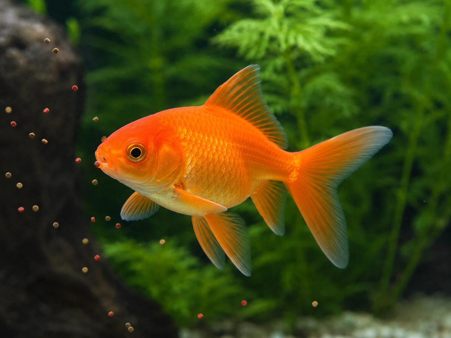 Poisson rouge se nourrissant de granulés adaptés qui coulent dans l'eau.