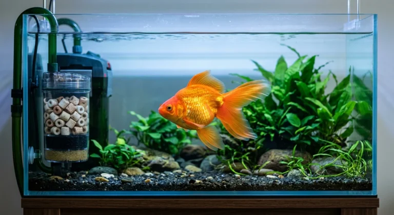 Poisson rouge japonais dans un aquarium bien équipé avec filtration et plantes aquatiques.