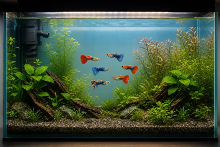Petit aquarium de 60 litres avec un groupe de guppys colorés, plantes vertes et filtration visible.