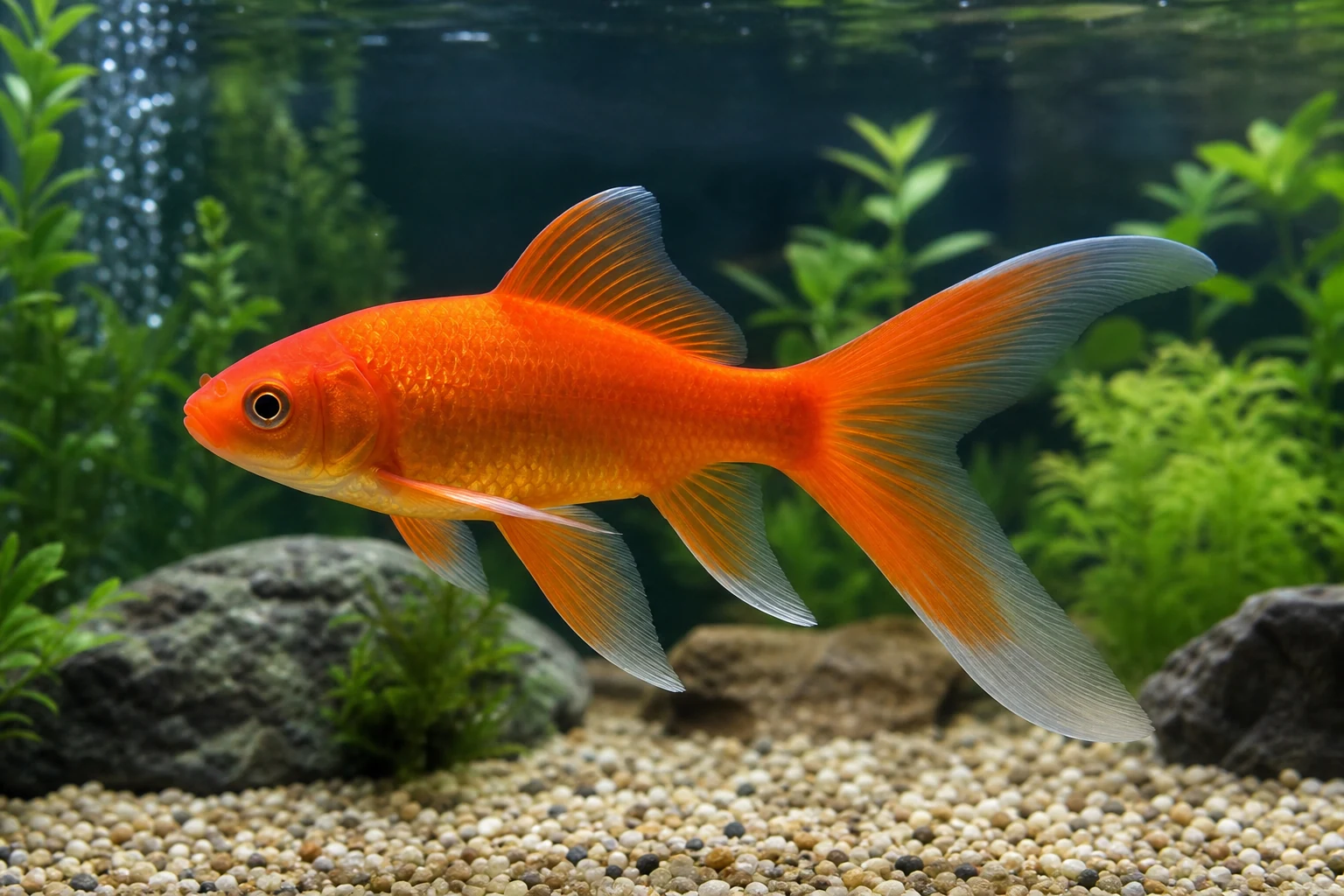 Poisson comète adulte nageant dans un aquarium d'eau douce bien éclairé, queue effilée caractéristique visible.