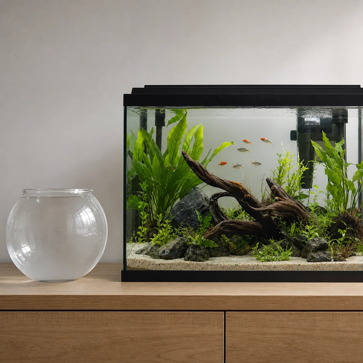 Comparaison visuelle entre un petit bocal inadapté et un aquarium de 150 litres approprié pour poisson comète.