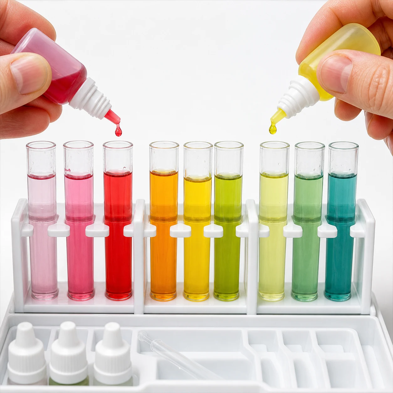 Test en gouttes colorimétrique pour mesurer les paramètres de l'eau d'aquarium, tubes de couleurs variées.