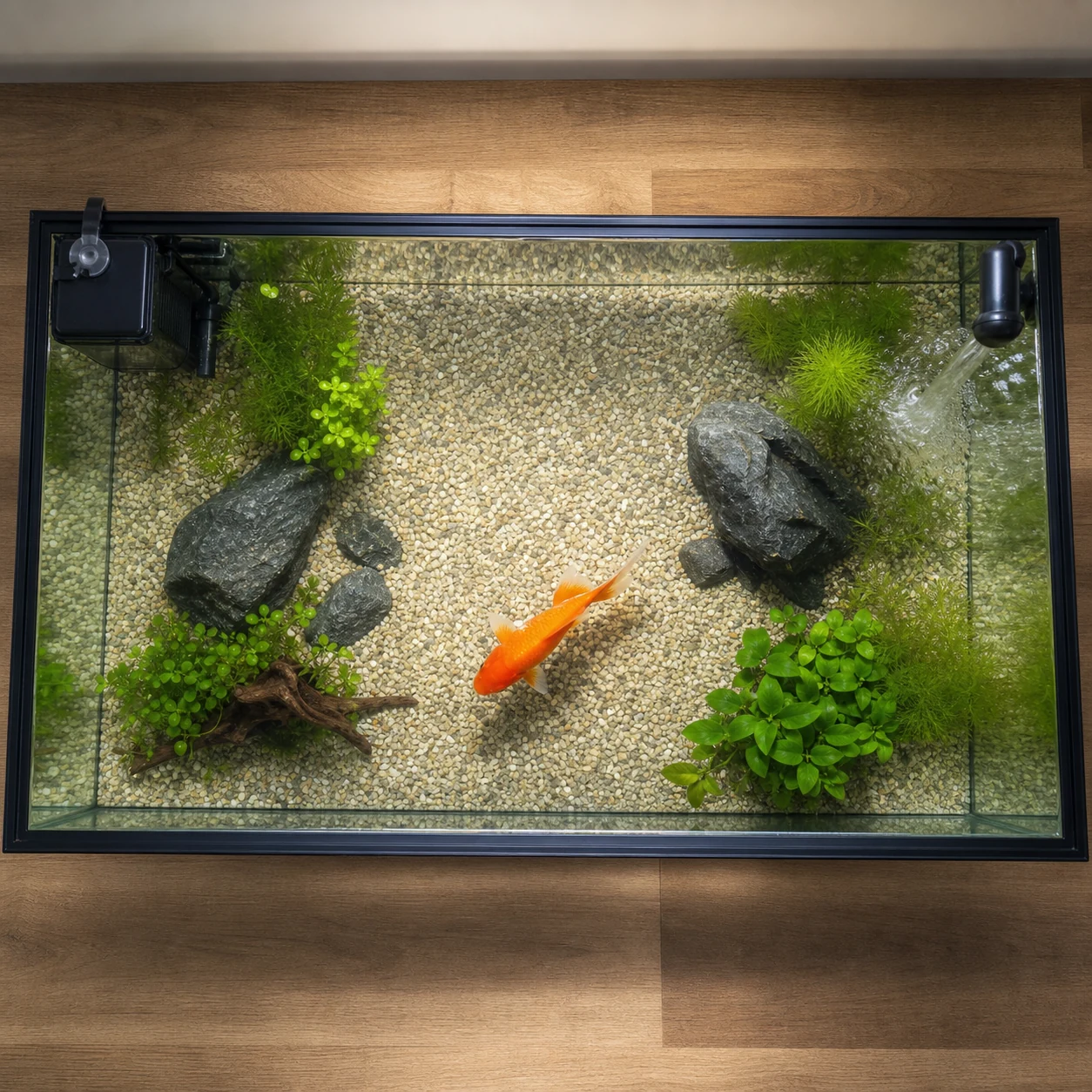 Vue de dessus d'un aquarium de 150 litres aménagé pour poisson comète, montrant l'espace de nage horizontal.