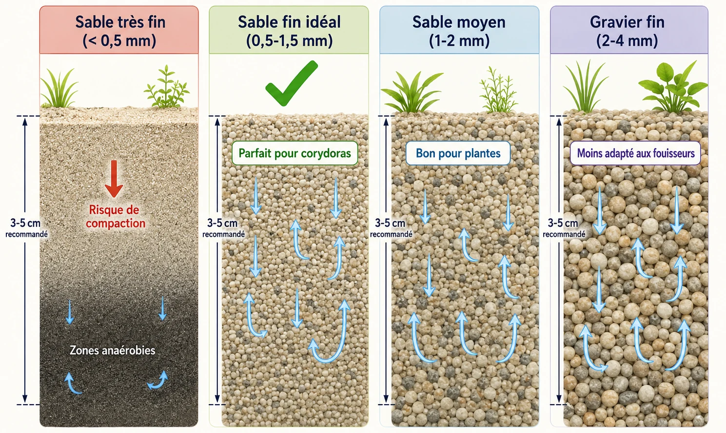 Schéma comparatif des granulométries de sable : de très fin à gravier, avec zones anaérobies et recommandations.