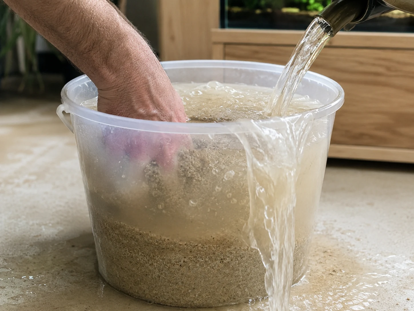 Rinçage du sable dans un seau : main remuant le substrat sous l'eau courante pour éliminer les fines particules.