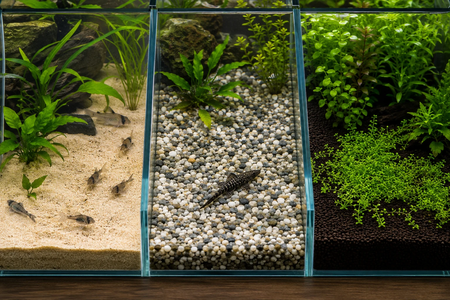 Comparaison visuelle de trois substrats : sable fin avec corydoras, gravier moyen, et sol technique noir avec plantes denses.